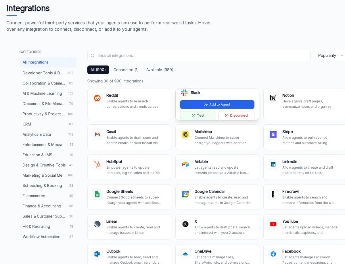 Agentic Workers integrations catalog showing connected business tools including Slack, Gmail, Notion, HubSpot, Google Sheets, Linear, and Firecrawl