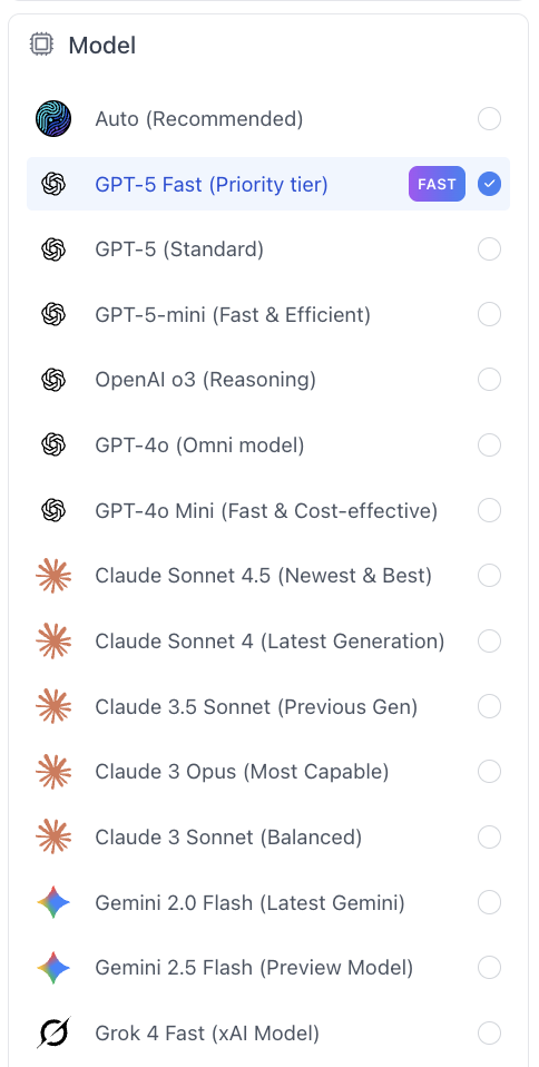 Multiple AI models available for automation